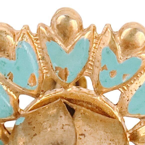 Vintage 1950s Earrings Aqua Enamel Rosebud Screw Back Mid Century Gold Tone - Picture 3 of 11